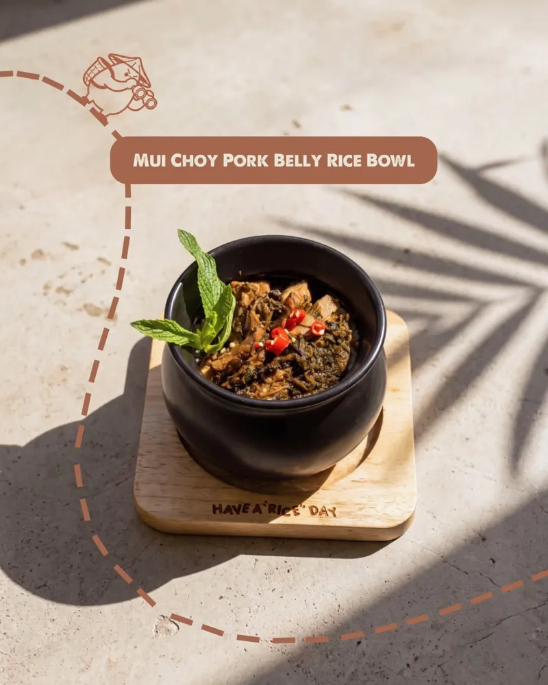 Mui choy pork belly rice bowl