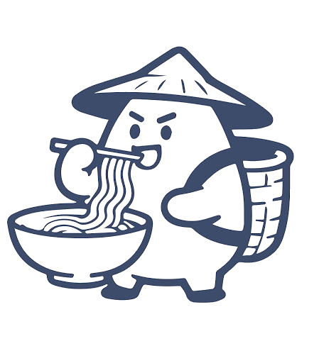 Riso mascot happily slurping a bowl of rice noodles